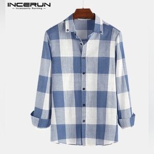 Incerun Fashion Plaid Shirt Casual Long Sleeve